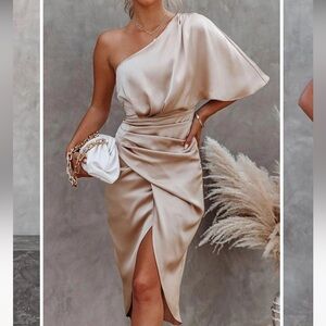 One shoulder satin drape dress